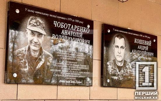 «Щоразу це біль і для нас, і для родин»: у криворізькій гімназії №84 відкрили меморіальні дошки Анатолію Чоботаренку та Андрію Кошевому