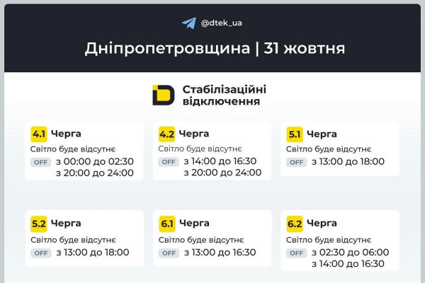 Сьогодні на Дніпропетровщині вимикатимуть електроенергію протягом усієї доби1
