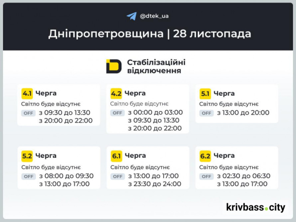 28 листопада Кривий Ріг буде без світла: ГРАФІКИ відключень від ДТЕК2