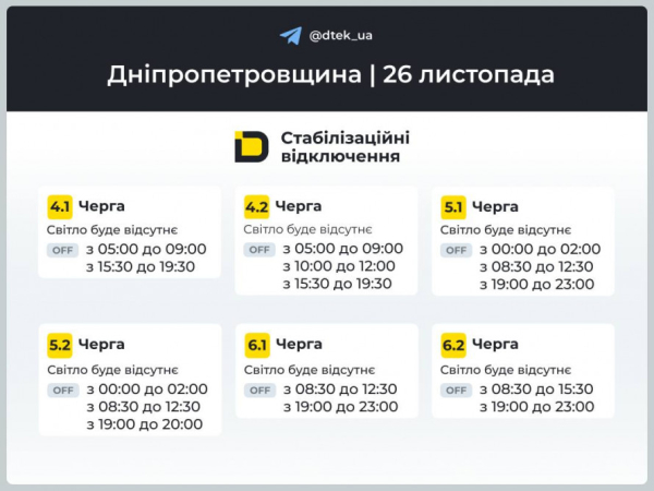 Без світла 26 листопада: ГРАФІКИ відключення світла від ДТЕК для Кривого Рогу2