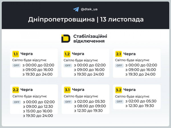 Дніпропетровщина: графіки відключень електроенергії на 13 листопада0