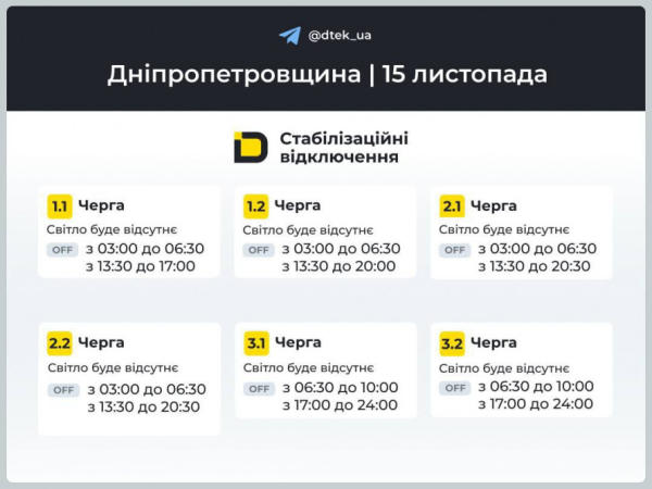 Як відключатимуть світло у Кривому Розі 15 листопада: ГРАФІКИ від ДТЕК2