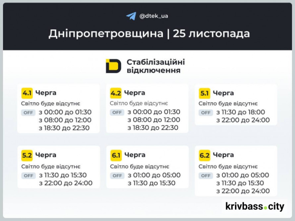 Яка ситуація зі світлом буде 25 листопада у Кривому Розі: ГРАФІКИ від ДТЕК2
