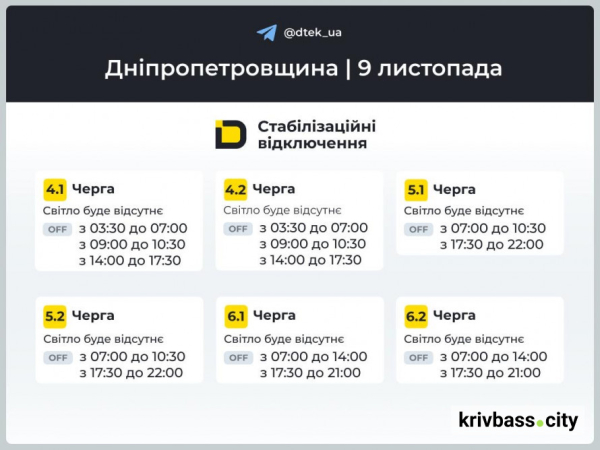 Кривий Ріг без світла: нові графіки від ДТЕК на 9 листопада 2