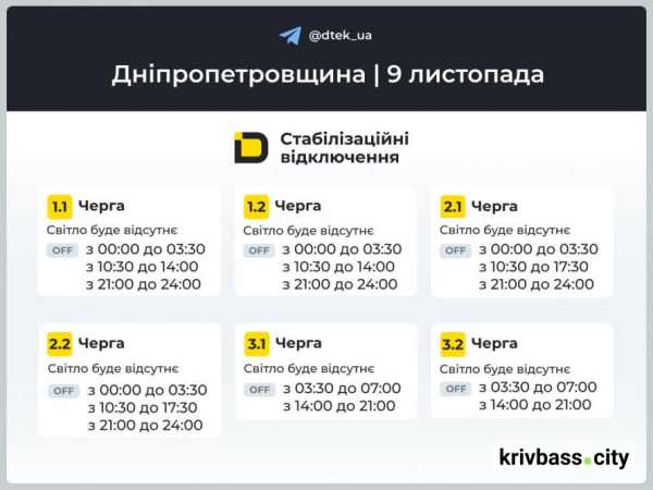 Кривий Ріг без світла: нові графіки від ДТЕК на 9 листопада 1