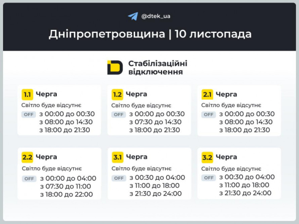 Відключення світла у Кривому Розі 10 листопада: орієнтовні ГРАФІКИ від фахівців ДТЕК2