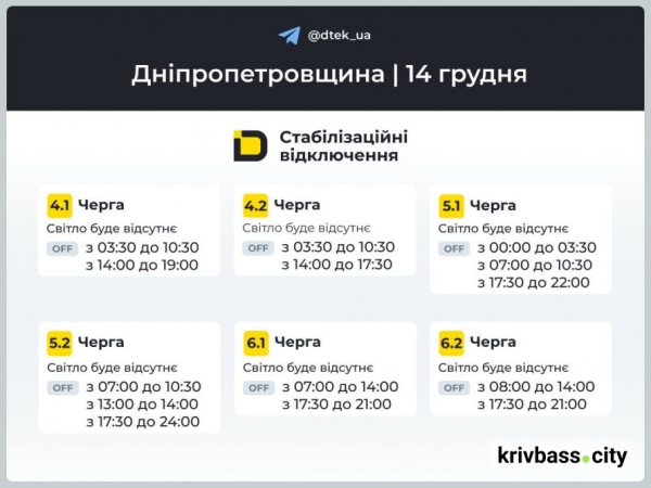 Чи буде світло у Кривому Розі 14 грудня: орієнтовні ГРАФІКИ ВІДКЛЮЧЕНЬ від ДТЕК2