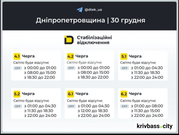 Графіки відключень для Кривого Рогу: чи прогнозують енергетики більше світла 30 грудня2
