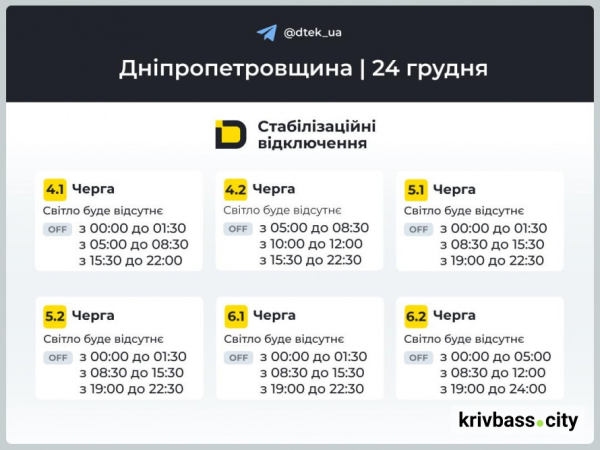Графіки відключень для Кривого Рогу на Святвечір: чи буде світло 24 грудня 2