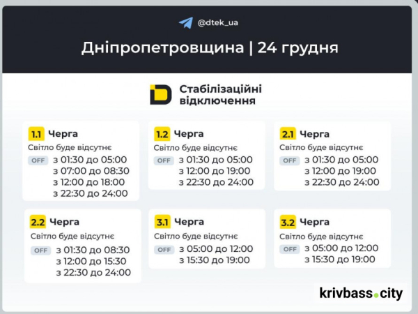 Графіки відключень для Кривого Рогу на Святвечір: чи буде світло 24 грудня 1