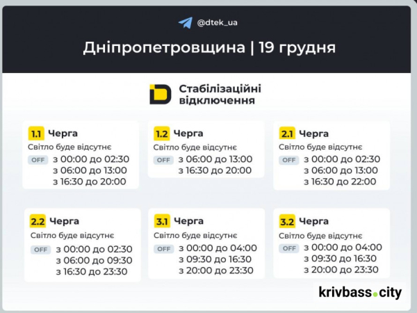Кривий Ріг без світла 19 грудня: які ГРАФІКИ ВІДКЛЮЧЕНЬ прогнозують енергетики ДТЕК1