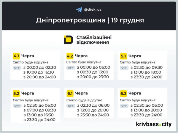 Кривий Ріг без світла 19 грудня: які ГРАФІКИ ВІДКЛЮЧЕНЬ прогнозують енергетики ДТЕК2