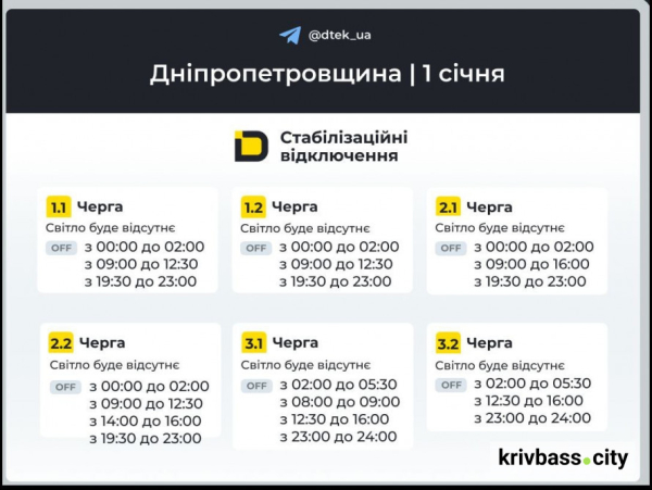 Відключення світла у Кривому Розі: графіки від ДТЕК на 1 січня1