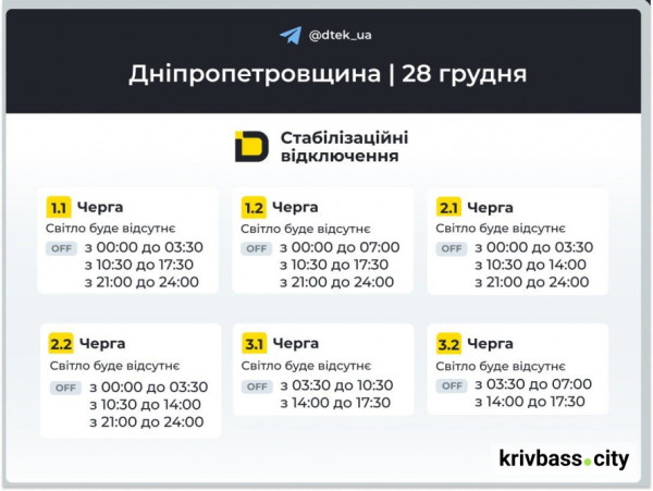 Відключення світла у Кривому Розі: графіки від ДТЕК на 28 грудня 1
