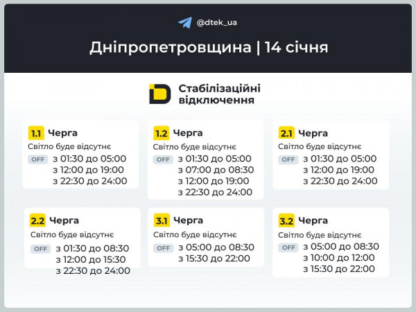 ДТЕК надав графіки відключень електроенергії  на Дніпропетровщині на 14 січня0
