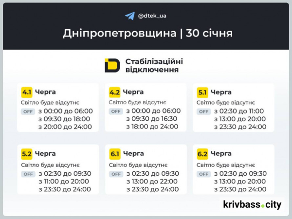 Графіки відключень у Кривому Розі 30 січня: що прогнозують фахівці ДТЕК2