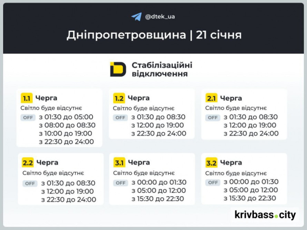 Кривий Ріг без світла 21 січня: ГРАФІКИ ВІДКЛЮЧЕНЬ від фахівців ДТЕК1