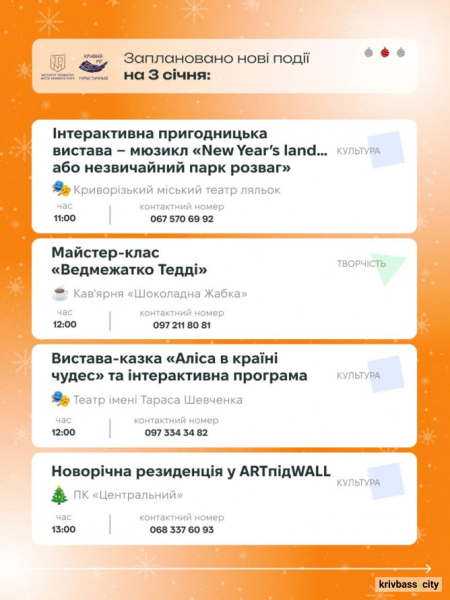 Криворізький вікенд: куди запрошують містян та гостей 3 та 4 січня2