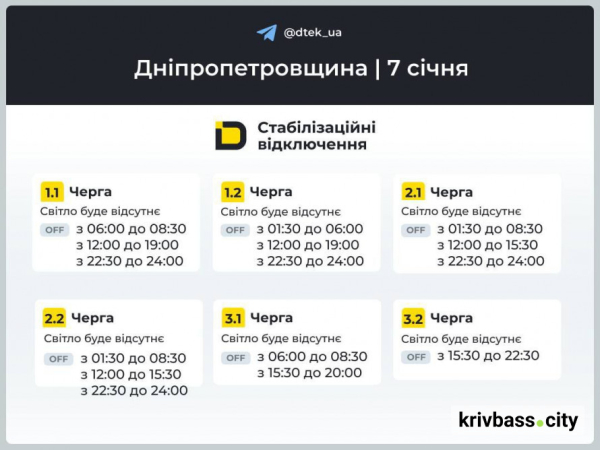 Відключення світла 7 січня у Кривому Розі: які графіки прогнозують ДТЕК1