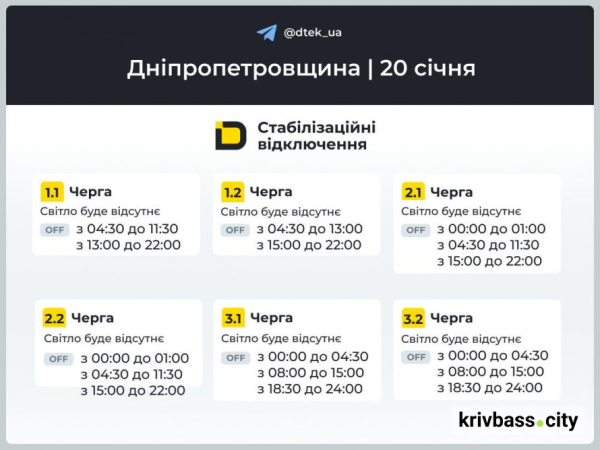 Відключення світла у Кривому Розі 20 січня: які ГРАФІКИ  прогнозують фахівці ДТЕК1