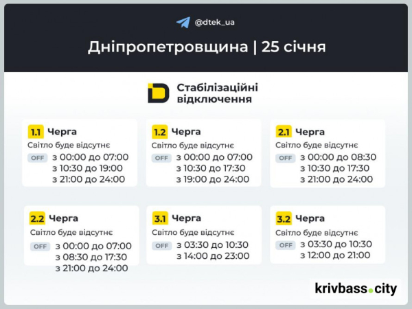 Відключення світла у Кривому Розі 25 січня: яких ГРАФІКІВ від ДТЕК варто чекати1
