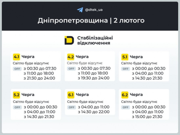 Відключення світла 2 лютого у Кривому Розі: ГРАФІКИ від фахівців ДТЕК3