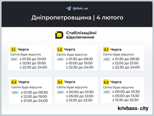 Відключення світла 4 лютого у Кривому Розі: які ГРАФІКИ прогнозують фахівці ДТЕК1