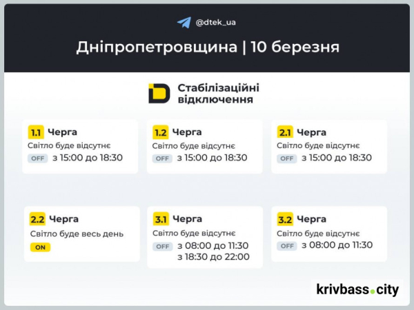 Чи буде світло у Кривому Розі 10 березня: ГРАФІКИ відключень від фахівців ДТЕК1