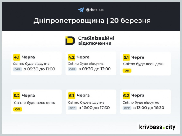Графіки відключень у Кривому Розі повернулися: коли не буде світла 20 березня 2