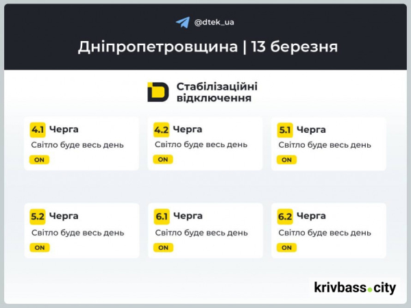 Світло у Кривому Розі 13 березня: які ГРАФІКИ прогнозують фахівці ДТЕК2