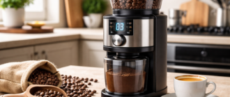 Современная кофемолка на кухонной столешнице