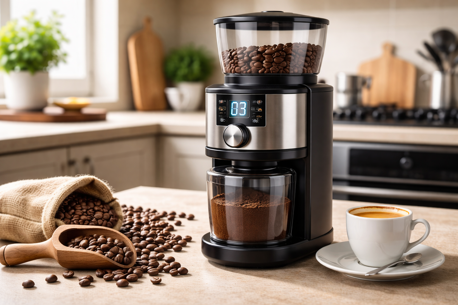 Современная кофемолка на кухонной столешнице