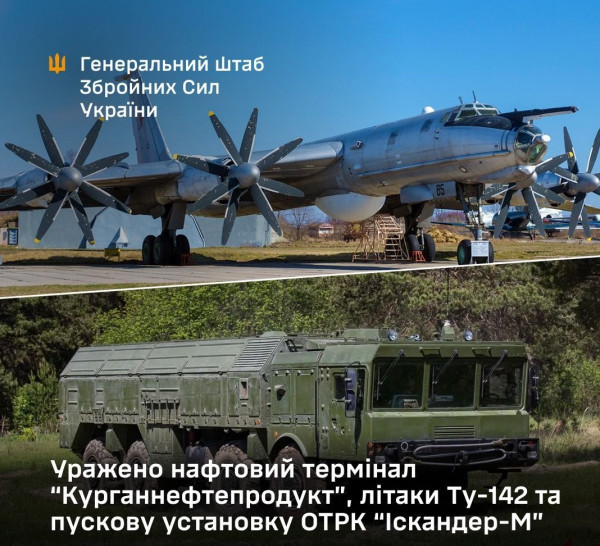 Сили оборони уразили нафтовий термінал рф “Курганнефтепродукт”, літаки Ту-142 та пускову установку ОТРК “Іскандер-М”