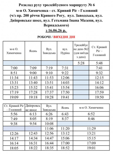 Тролейбус №6 курсуватиме за зміненим розкладом: свіжі новини про рух транспорту у Кривому Розі