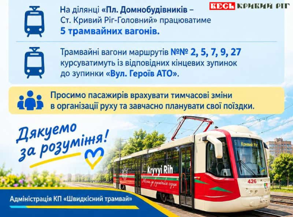 Оголошення про обмеження руху трамваїв вул. Соборності в Кривому Розі
